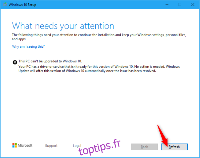Reprise de l'installation de Windows 10 avec le bouton Actualiser