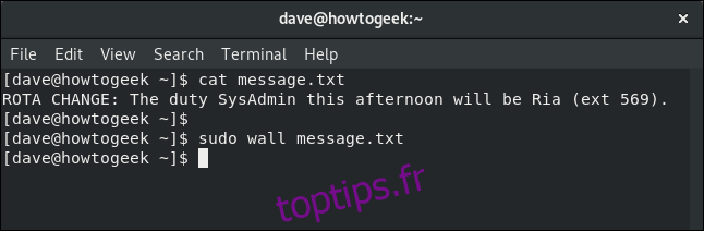 commande de mur utilisée avec un fichier texte dans une fenêtre de terminal
