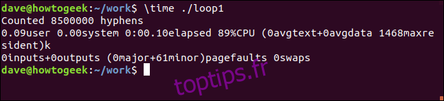 résultats de temps pour loop1 dans une fenêtre de terminal