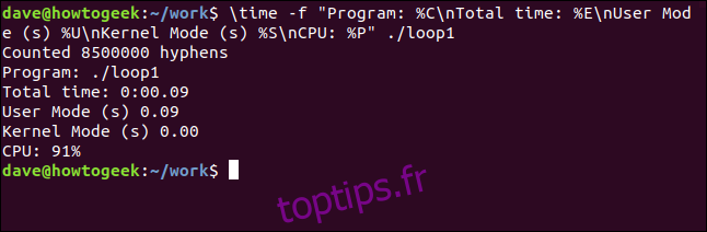 Sortie de la chaîne de format pour loop1 dans une fenêtre de terminal
