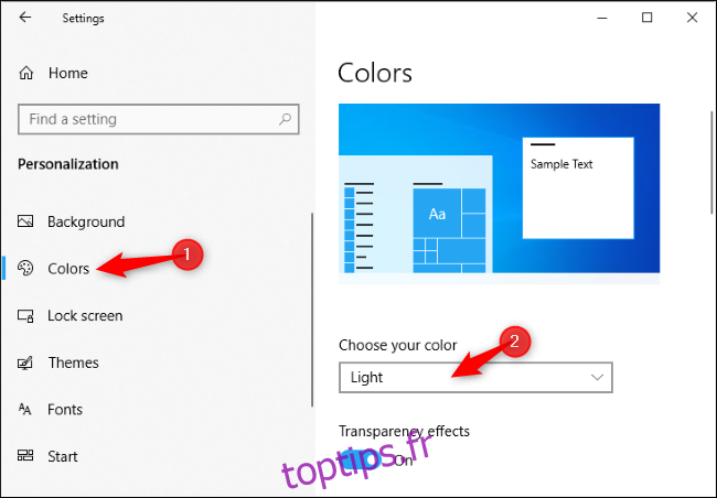 Activation du thème clair dans l'application Paramètres de Windows 10