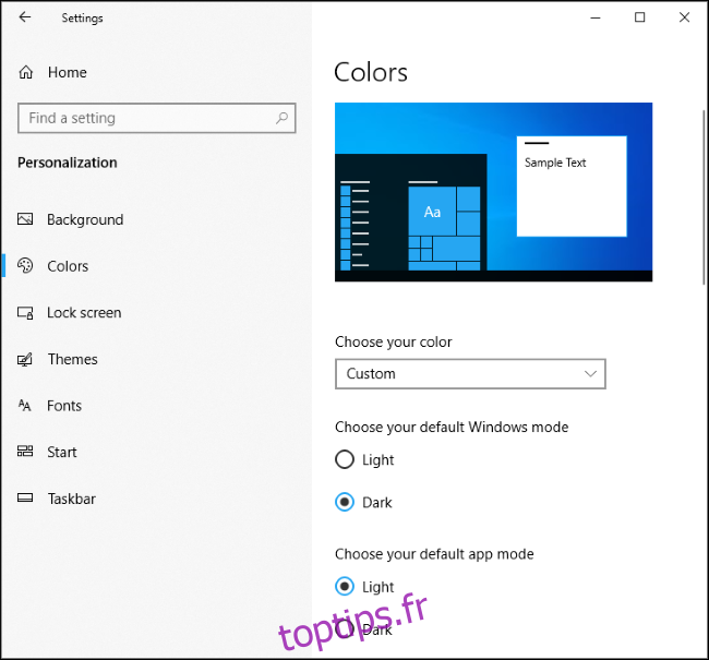 Ancien mode Windows sombre et mode d'application claire de Windows 10