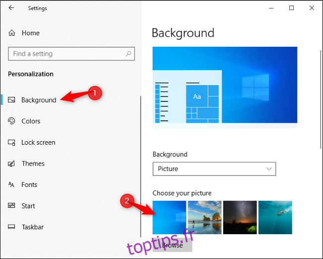 Sélection du nouvel arrière-plan du bureau par défaut de Windows 10
