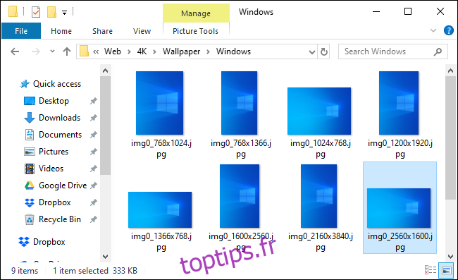 Emplacement du fond d'écran par défaut de Windows montrant un nouveau fond d'écran clair