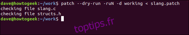 patch --dry-run -ruN -d working <slang.patch dans une fenêtre de terminal