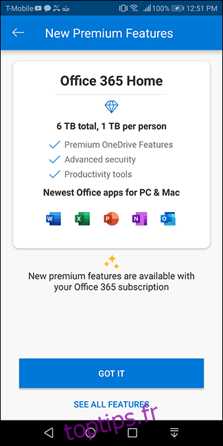 Différentes fonctionnalités offertes avec OneDrive