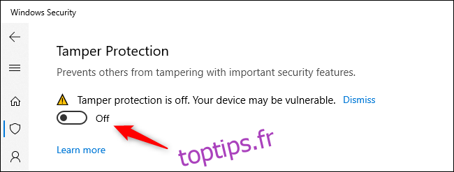 Option pour activer la protection contre les falsifications sur Windows 10