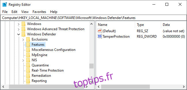 Paramètre de protection contre les falsifications dans le registre Windows