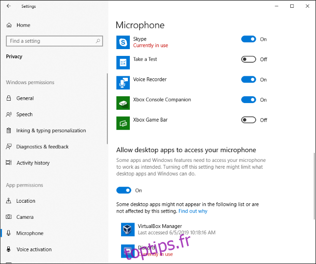 Quelles applications utilisent actuellement votre micro dans l'application Paramètres de Windows 10