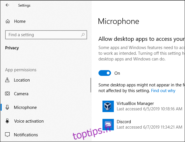 Volet de confidentialité du microphone de Windows 10 indiquant la dernière fois que les applications ont accédé au microphone du PC