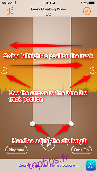 L'interface contrôle le positionnement de la piste et la longueur du clip.