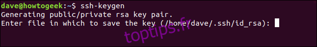 Confirmation de l'emplacement de stockage de la clé ssh dans une fenêtre de terminal