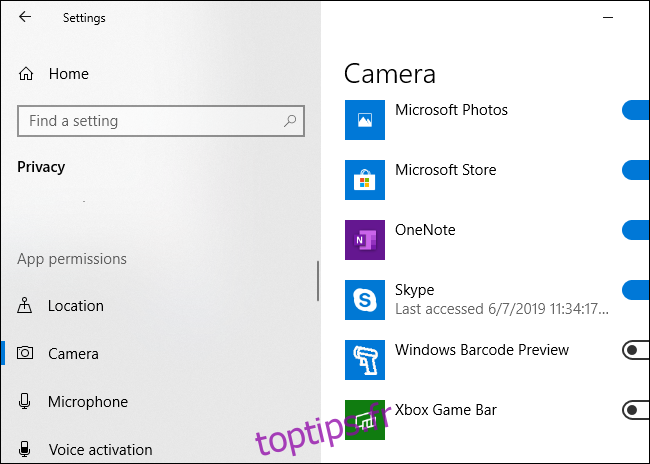 Windows 10 montrant quelles applications ont utilisé la caméra de votre PC
