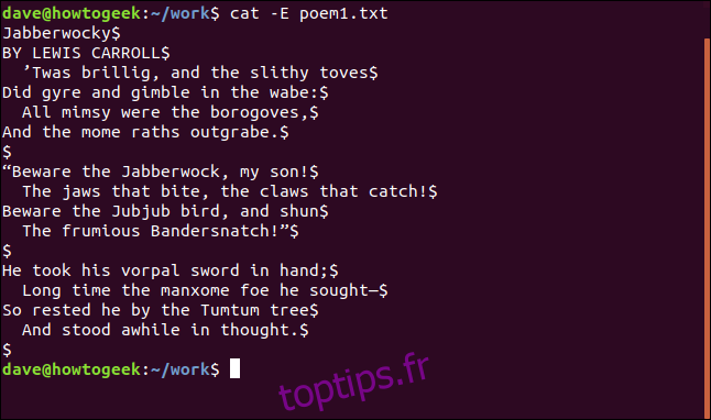 contenu de poem1.txt avec des fins de ligne affichées dans une fenêtre de terminal