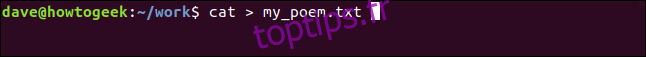 cat> my_poem.txt dans une fenêtre de terminal ”width =” 646 ″ height = ”57 ″ onload =” pagespeed.lazyLoadImages.loadIfVisibleAndMaybeBeacon (this); ” onerror = ”this.onerror = null; pagespeed.lazyLoadImages.loadIfVisibleAndMaybeBeacon (this);”> </p><p> Nous pouvons commencer à taper dès que nous émettons la commande. Nous appuyons sur Ctrl + D lorsque nous avons terminé. Nous pouvons alors vérifier le contenu du nouveau fichier avec: </p><pre> cat my-poem.txt </pre><p> <img loading =