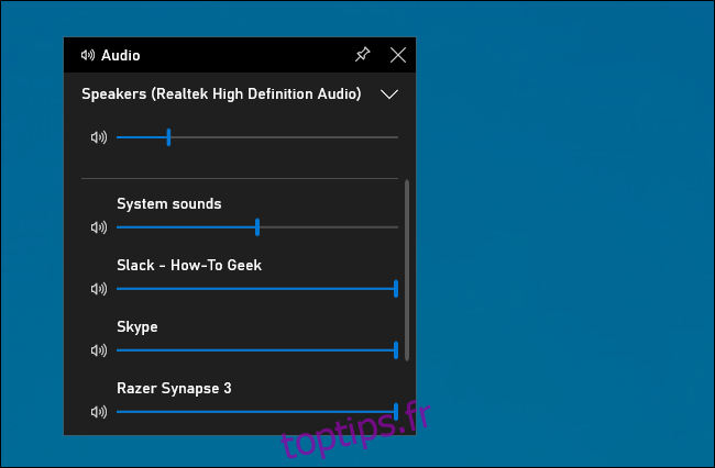 Panneau audio dans la superposition de la barre de jeu Windows 10