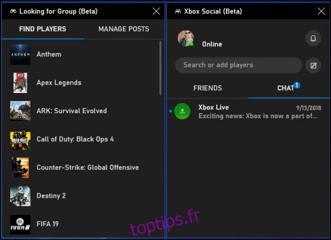 Recherche de panneaux bêta Groupe et Xbox Social dans la barre de jeu