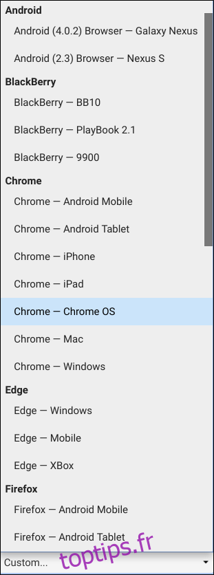 Une liste de tous les agents utilisateurs préconfigurés dans Chrome