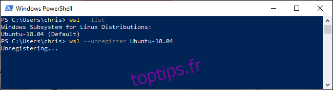 Annulation de l'enregistrement ou suppression d'un environnement Linux à partir de la ligne de commande de Windows 10