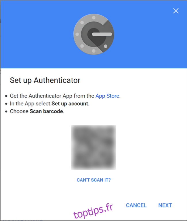 L'écran Google Authenticator où vous scannez le code QR à l'aide de l'application sur votre téléphone.