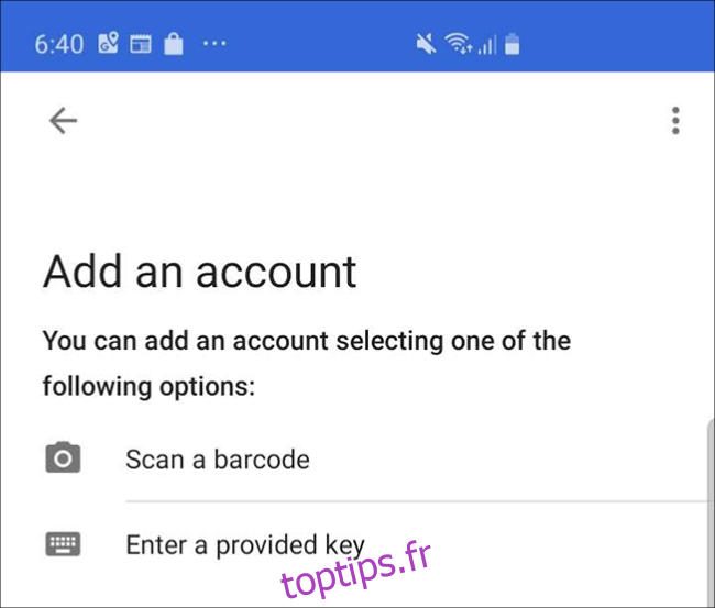 L'écran de l'application Google Authenticator sur un téléphone, où vous appuyez sur 