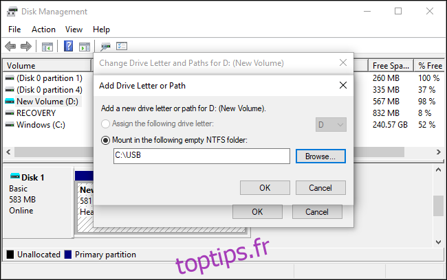 Monter un lecteur dans un dossier NTFS vide sous Windows 10.