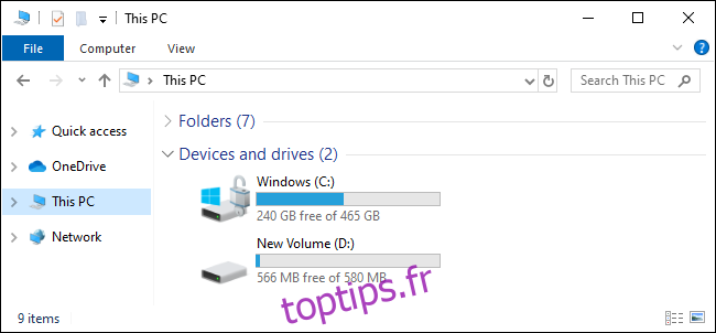 Cette vue PC montrant les lecteurs C: et D: sous Windows 10