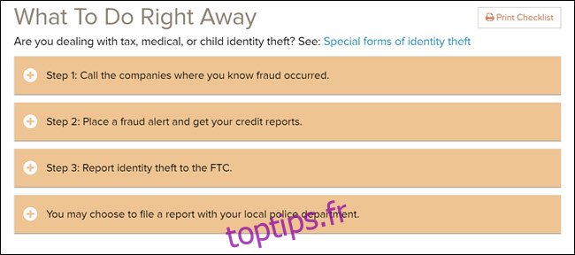 Que faire tout de suite si vous êtes victime d'une liste de contrôle de vol d'identité sur le site Web de la FTC.