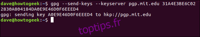 la clé de confirmation a été envoyée au serveur de clés dans une fenêtre de terminal