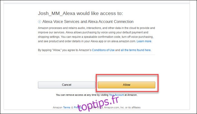 Invite d'autorisations des services de voix Alexa avec boîte autour du bouton Autoriser.