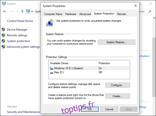 Options de restauration du système sur Windows 10.