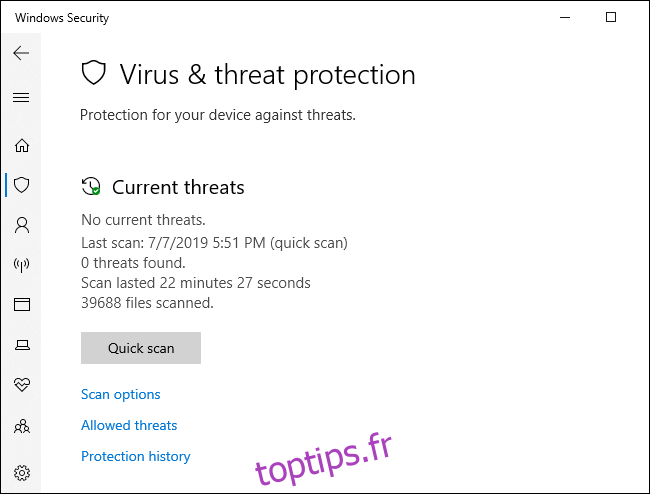 Menu d'analyse antivirus de Windows Defender.
