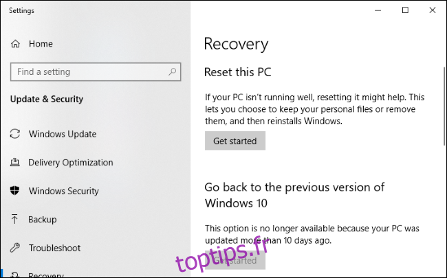 Menu de récupération de Windows 10.
