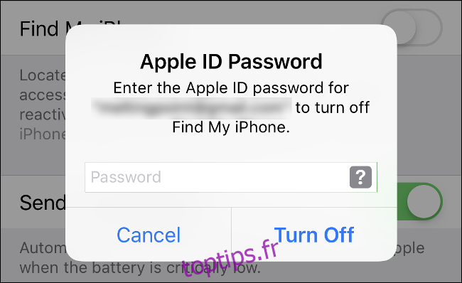 Tapez le mot de passe de votre identifiant Apple pour désactiver 