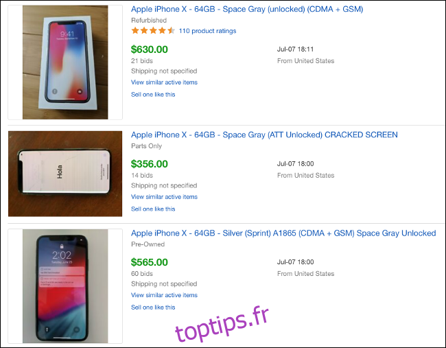 Annonces d'enchères eBay des iPhone X vendus.