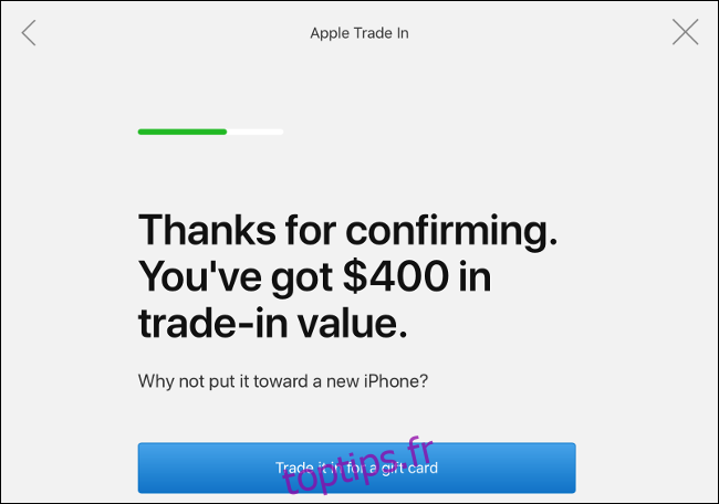 L'écran de valeur Apple Trade In.