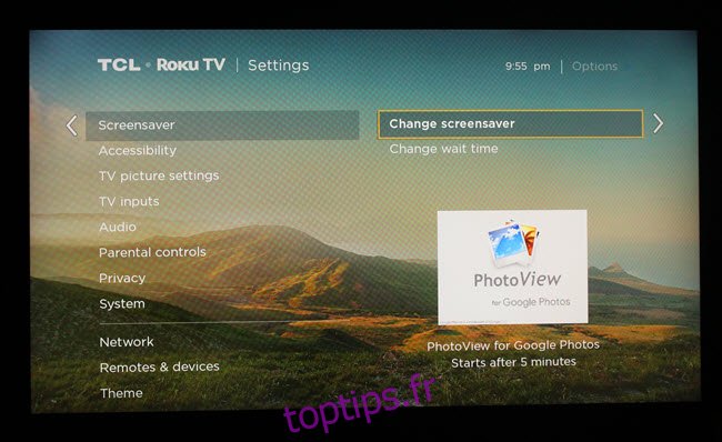 Boîte de dialogue des paramètres de l'économiseur d'écran Roku, avec PhotoView sélectionné.