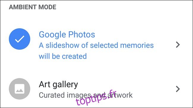 Paramètres du mode ambiant de Google Home, avec Google Photos sélectionné.