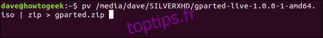 pv /media/dave/SILVERXHD/gparted-live-1.0.0-1-amd64.iso | zip> gparted.zip dans une fenêtre de terminal ”width =” 646 ″ height = ”77 ″ onload =” pagespeed.lazyLoadImages.loadIfVisibleAndMaybeBeacon (this); ” onerror = ”this.onerror = null; pagespeed.lazyLoadImages.loadIfVisibleAndMaybeBeacon (this);”> </p><div style=