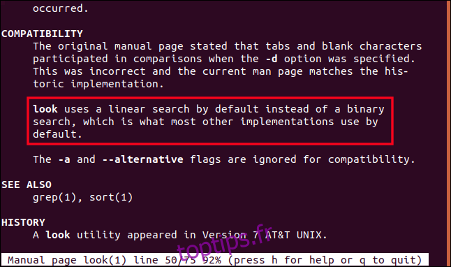 Ubuntu regarde la page de manuel dans une fenêtre de terminal.