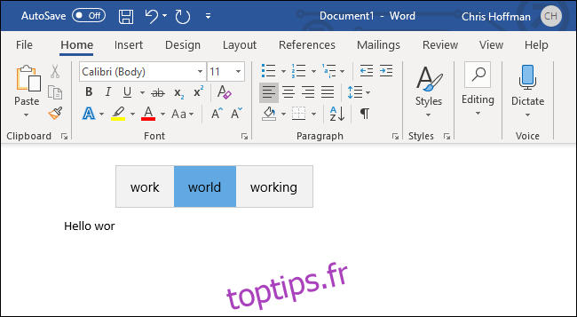 Prédiction de texte de Windows 10 pour un clavier matériel dans Microsoft Word.