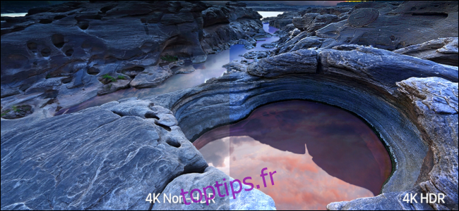 Une scène balnéaire rocheuse montrant la différence de couleur entre 4K non HDR et 4K HDR.