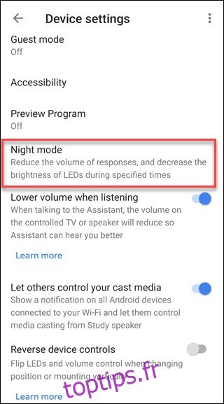 Boîte de dialogue des paramètres de l'appareil Google Home avec boîte autour de l'option du mode nuit.