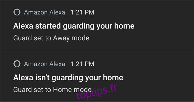 Notifications Alexa activant et désactivant la garde.