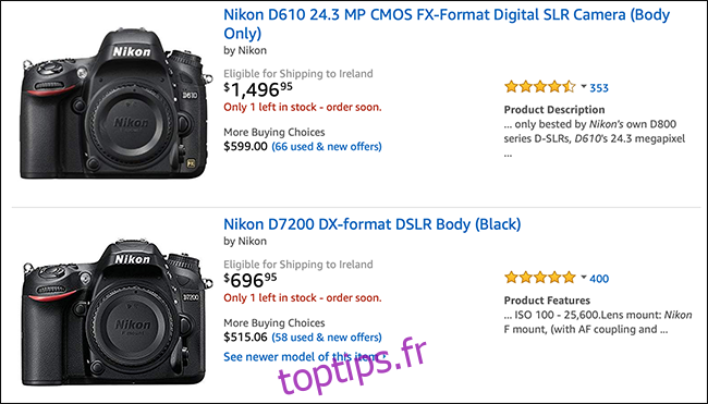 Liste Amazon montrant les boîtiers d'appareils photo Nikon