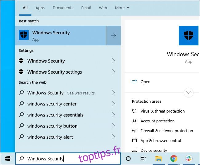 Raccourci de sécurité Windows dans le menu Démarrer