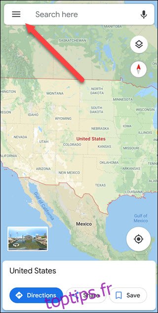Application Google Maps avec une flèche pointant vers le menu Hamburger