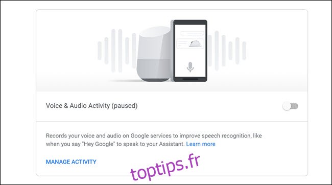 Tableau de bord d'activité Google Voice et audio avec désactivation.