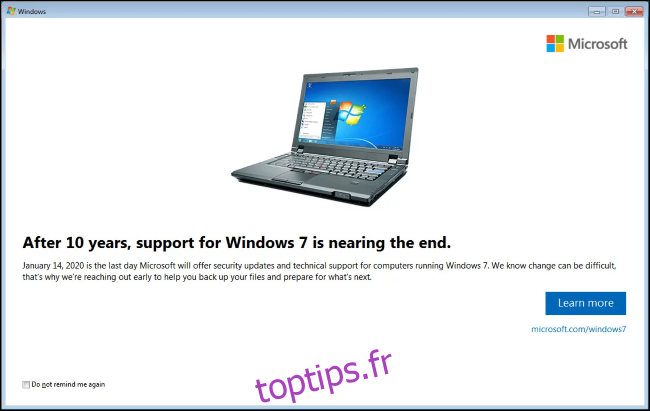 Notification de fin de vie de Windows 7