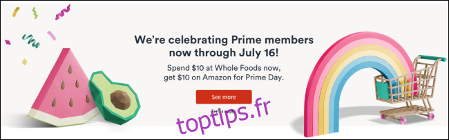 Bannière d'offre Whole Foods Prime Day à 10 $